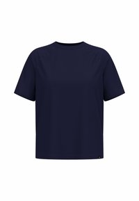 T-shirt blu navy a maniche corte con un motivo testurizzato, scollatura rotonda e vestibilità comoda. Etichetta visibile in basso a sinistra.