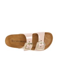 Sandali a infradito in patent rosa con due cinturini regolabili in oro e suola interna in finta suede marrone. Suola piatta per il massimo comfort.