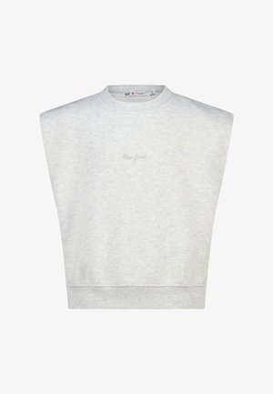 Mouwloos lichtgrijs sweatshirt met brede schouders en subtiel "New York"-tekstk borduurd op de borst.