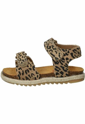 Sandale à bout ouvert avec des brides imprimées léopard beige et noires, semelle intérieure en liège, fermetures Velcro réglables et semelle beige texturée.