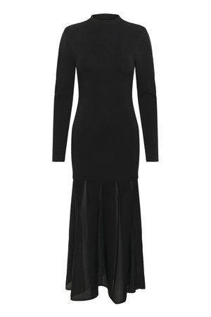 Schwarzes Kleid mit langen Ärmeln, tailliertem Oberteil und schwingendem, transparentem Rock. Hergestellt aus einem glatten, dehnbaren Material mit hohem Kragen.
