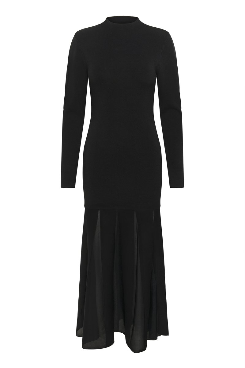 Schwarzes Kleid mit langen Ärmeln, tailliertem Oberteil und schwingendem, transparentem Rock. Hergestellt aus einem glatten, dehnbaren Material mit hohem Kragen.