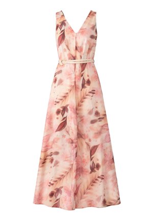 Ärmelloses langes Kleid mit rosa und beigem Blumenmuster, V-Ausschnitt und dünnem beigen Gürtel in der Taille.