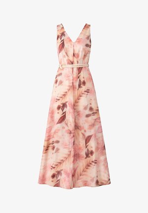 Ärmelloses langes Kleid mit rosa und beigem Blumenmuster, V-Ausschnitt und dünnem beigen Gürtel in der Taille.