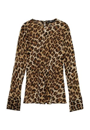 Blusa a maniche lunghe in stampa leopardata con scollo rotondo, tessuto leggermente trasparente, chiusura con bottoni sul retro e maniche con polsini.