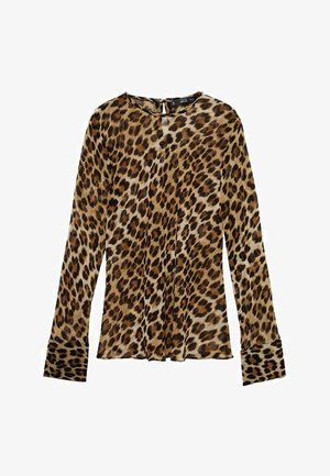 Blusa a maniche lunghe in stampa leopardata con scollo rotondo, tessuto leggermente trasparente, chiusura con bottoni sul retro e maniche con polsini.