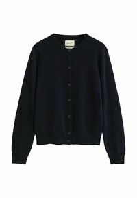 Mörkblå stickad cardigan gjord av mjukt material, med rund halsringning, långa ärmar och sex knappar fram för stängning.