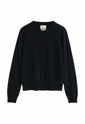 Marineblauwe gebreide cardigan van zachte stof, met een ronde halslijn, lange mouwen en zes knopen aan de voorkant voor sluiting.