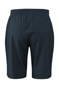 Marineblauwe sportshorts gemaakt van lichtgewicht stof, met een elastische tailleband en twee zijzakken voor gemak.