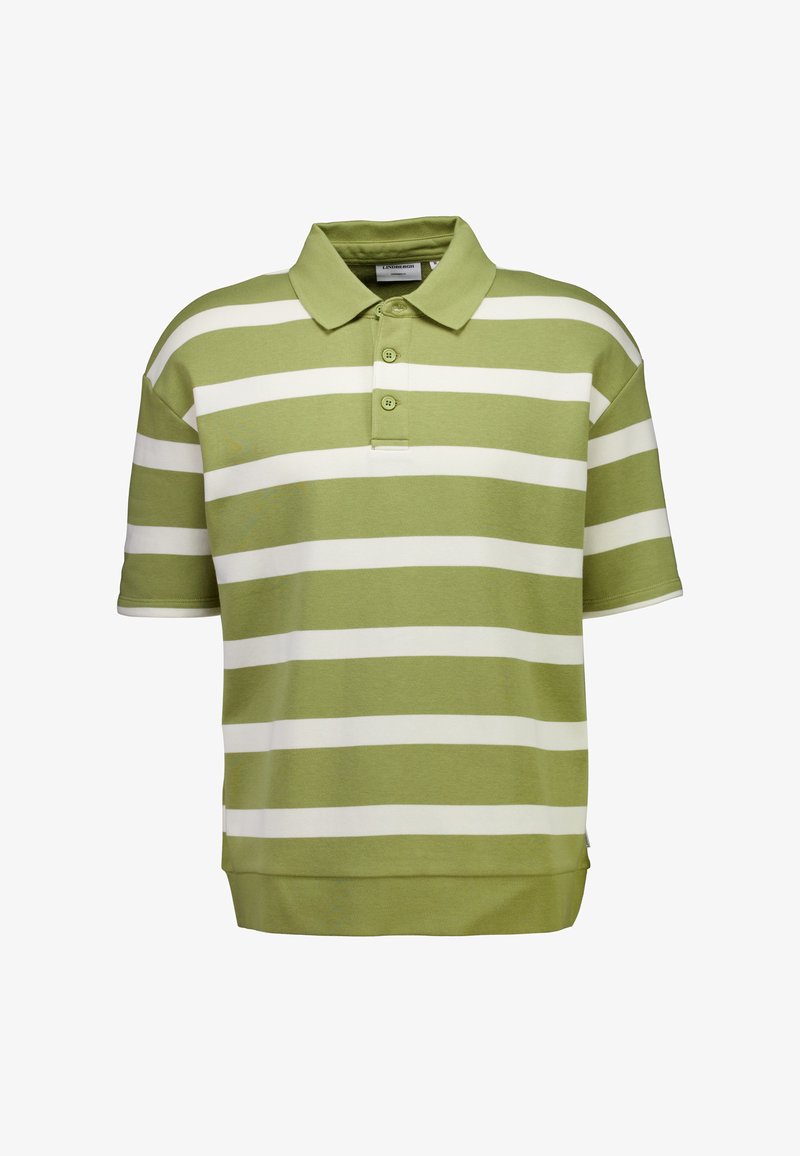 Zielono-biała koszulka polo w paski z krótkimi rękawami, kołnierzykiem, plisą na trzy guziki i prostym dołem. Miękka tekstura materiału.