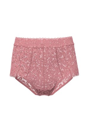 Pink lace high-waisted underwear featuring floral patterns and a scalloped waistband. The fabric has a delicate, sheer texture.