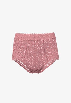 Pink lace high-waisted underwear featuring floral patterns and a scalloped waistband. The fabric has a delicate, sheer texture.