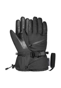 Schwarze isolierte Handschuhe mit einer Lederhandfläche, Softshell-Material, verstellbaren Bündchen und einer kleinen Reißverschlusstasche am Handgelenk.