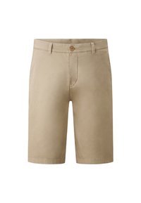 Shorts en coton beige avec une fermeture à bouton sur le devant, présentant une texture lisse et une coupe droite, se terminant juste au-dessus du genou.