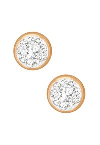 Orecchini dorati con design rotondo, decorati con cristalli trasparenti di diverse dimensioni disposti in un motivo circolare.