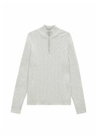 Ljust grå stickad tröja med hög krage och halvcertifikat, med ett kabelmönster och ribbstickade muddar och nederkant. Mjuk textur.