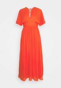 Jasnopomarańczowa maxi sukienka z plisowanym stanikiem, krótkimi szerokimi rękawami, dekoltem z wycięciem na klucz i podkreśloną talią.