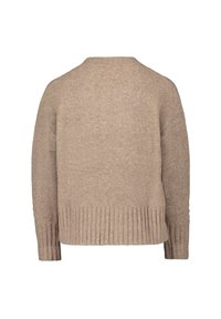 Beige gebreide trui met een losse pasvorm, geribde onderkant en lange mouwen. De textuur van de stof geeft een zachte en warme uitstraling.