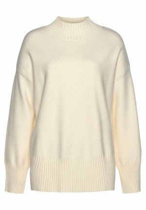 Cremefarbener übergroßer Pullover mit einem gerippten hohen Kragen und breiten gerippten Bündchen. Weicher Stoff mit glatter Textur und lockerer Passform.