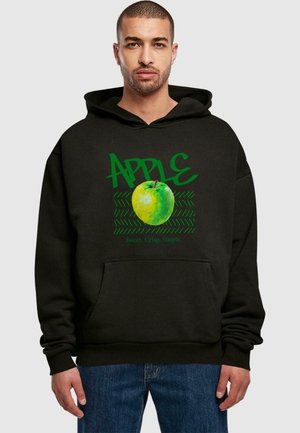 Black hooded sweatshirt featuring a green apple graphic with the text "APPLE" and "Sweet. Crisp. Simple." on the front. Cotton blend material.