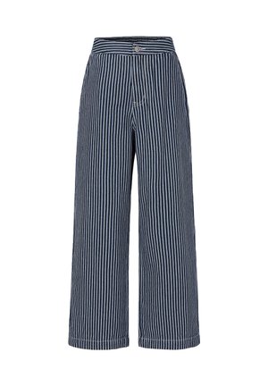 Pantalons larges à rayures verticales bleu marine et blanches, avec taille haute et fermeture à bouton.
