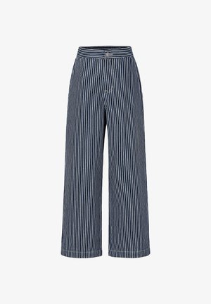 Navy and white vertical striped wide-leg pants with high waist and button closure.
