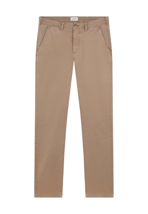 Pantalones chinos beige de pierna recta con trabillas para cinturón, cierre frontal con botón, dos bolsillos laterales y una etiqueta en la cinturilla interior.