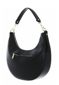 Sac hobo en cuir noir avec une forme courbée, détail de fermeture éclair doré sur la poche avant et un intérieur doublé en tissu. Anse non détachable.