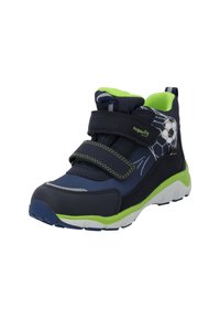 Granatowe buty sportowe z zielonymi akcentami, grafiką piłki nożnej i zapięciami na rzep. Wykonane z teksturowanych materiałów oraz posiadają amortyzowaną podeszwę.