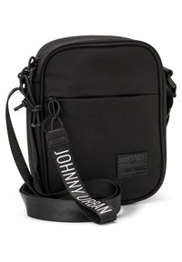 Borsa a tracolla nera realizzata in tessuto resistente, di forma rettangolare, con tasca frontale e tracolla regolabile con marchio stampato.
