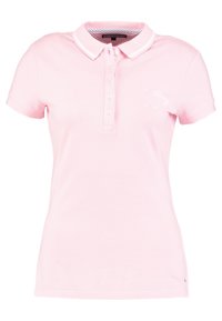 Koszulka polo w jasnoróżowym kolorze z bawełny, z zapięciem na guziki, krótkimi rękawami i kontrastowym kołnierzykiem. Delikatny detal logo na piersi.