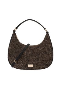 Hobo tas in zwart en goud gevlekte stof met een gladde zwarte leren riem, voorzien van een accent van goudkleurig hardware en een rechthoekig logo label.