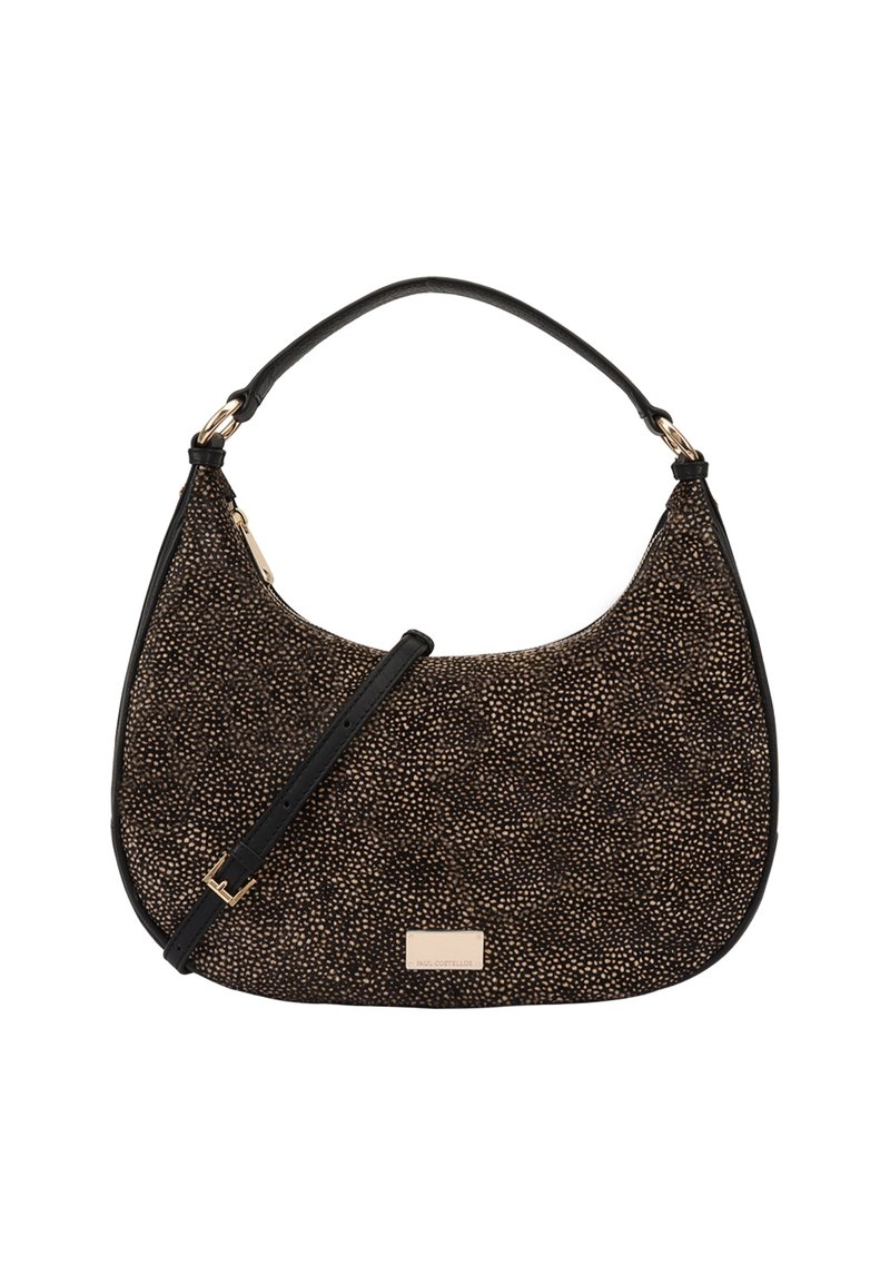 Hobo tas in zwart en goud gevlekte stof met een gladde zwarte leren riem, voorzien van een accent van goudkleurig hardware en een rechthoekig logo label.