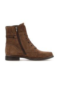 Brun ruskinds ankle boot med en rund tå, snørebånd foran, lynlås i siden og struktureret sål, med syninger langs kanterne.