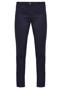 Jeans oscuros de corte slim hechos de denim, con un clásico diseño de cinco bolsillos, leve desgaste en la parte delantera y cierre de botón.