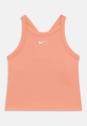 Persikavärvi atletikajakk, millel on tekstuuriga kude, laiad rihmad ja valge Nike logo rinnal. Disainitud mugavuseks ja soorituseks.