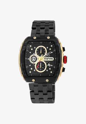 Schwarze und goldene analoge Uhr mit quadratischem Gehäuse, strukturiertem schwarzen Zifferblatt, drei Teilzifferblättern, goldenen Stundenziffern und rotem Akzent an der Krone.