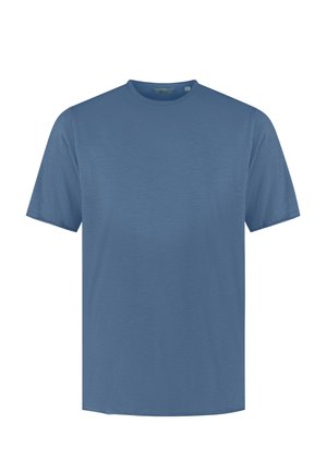 Tricou simplu albastru cu mâneci scurte și gât rotund, cu tiv drept, afișat pe un fundal alb.