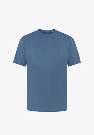 Egyszínű kék rövid ujjú környakas póló egyenes szegéllyel, fehér háttéren bemutatva.