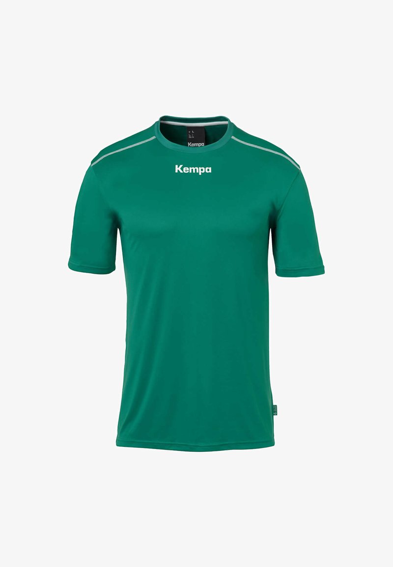Jersey deportivo verde de manga corta, hecho de una tela suave. Presenta un cuello redondo, detalles reflectantes y el logotipo "Kempa" en la parte frontal.