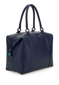 Sac à main en cuir bleu marine avec une finition texturée, deux poignées sur le dessus, fermeture éclair, et un petit accent turquoise.