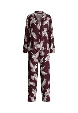 Set di pigiama borgogna con maniche lunghe e pantaloni, con un motivo di gufo bianco e piume, realizzato in tessuto morbido con una vestibilità comoda.