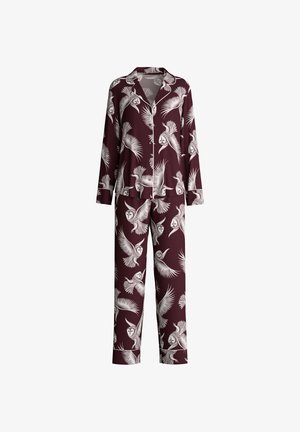 Burgunderfarbener Pyjama-Set mit langen Ärmeln und Hosen, präsentiert ein weißes Eulen- und Federdesign, aus glattem Stoff gefertigt und mit einem lockeren Schnitt.