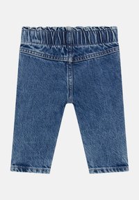 Denim-Hose mit elastischem Bund, in mittlerem Blauton, gerades Bein-Design und sichtbaren Nähten. Keine Taschen auf der Rückseite.
