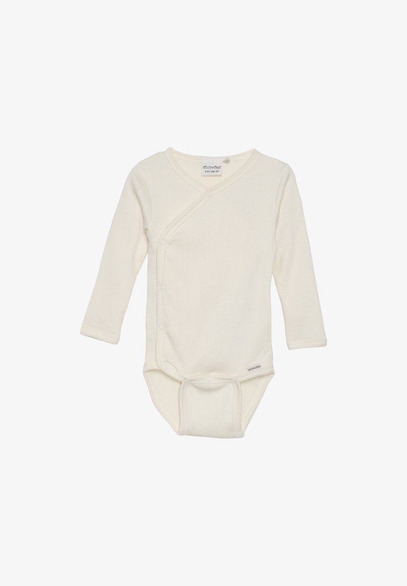 Langharige, crèmekleurige babypakje in ribbelstructuur met een wikkelontwerp en drukknoopsluitingen langs de zijkant en onderkant.