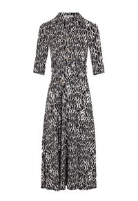 Úzká šaty s knoflíky, zdobené černobílým abstraktním vzorem, tříčtvrtečními rukávy, zúženým pasem s opaskem a sukní po kolena.