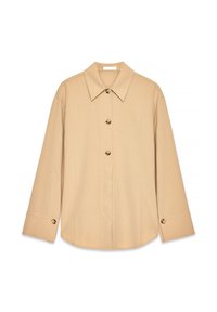 Beige button-up shirt with long sleeves, pointed collar, and two front buttons. Smooth fabric texture and relaxed fit.