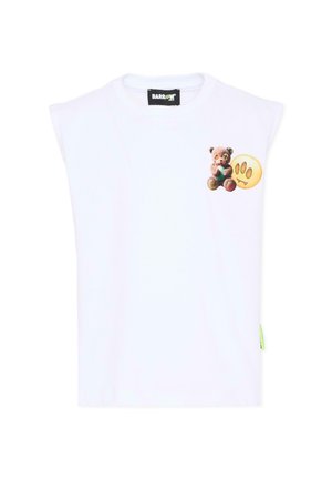 Biała bezrękawnikowa koszulka z niewielkim nadrukiem misia i żółtą uśmiechniętą buźką z kłami na lewej piersi, metka Barrow na kołnierzu.