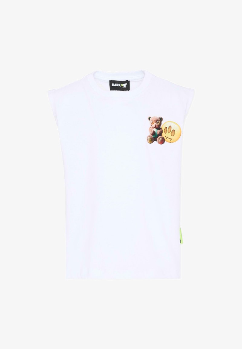 Chemise blanche sans manches avec un petit ours en peluche et un graphique de visage souriant jaune avec des crocs sur le côté gauche de la poitrine, étiquette de la marque Barrow sur le col.