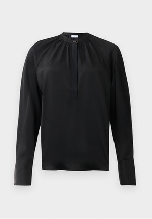 Schwarze Bluse mit langen Ärmeln, rundem Halsausschnitt, einzelnem Knopfverschluss, gerafften Stoffdetails und breiten Bündchen.